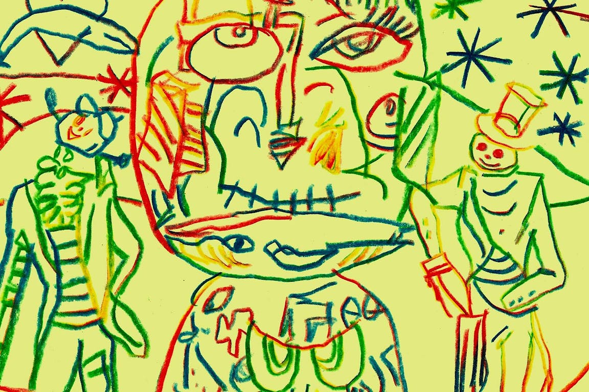 A busy illustration of three humanoid figures.